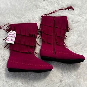 Fuchsia Pink Suede Fringe Moccasin Boots Youth Girls SZ 4 Side Zip Tassel NEW